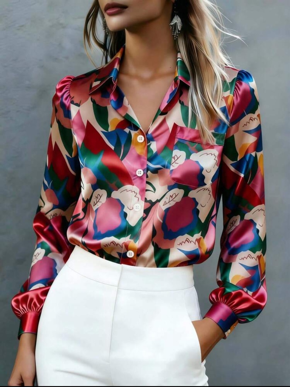 Satin Floral Print Button Down Up Shirt Top Blouse Multicolor